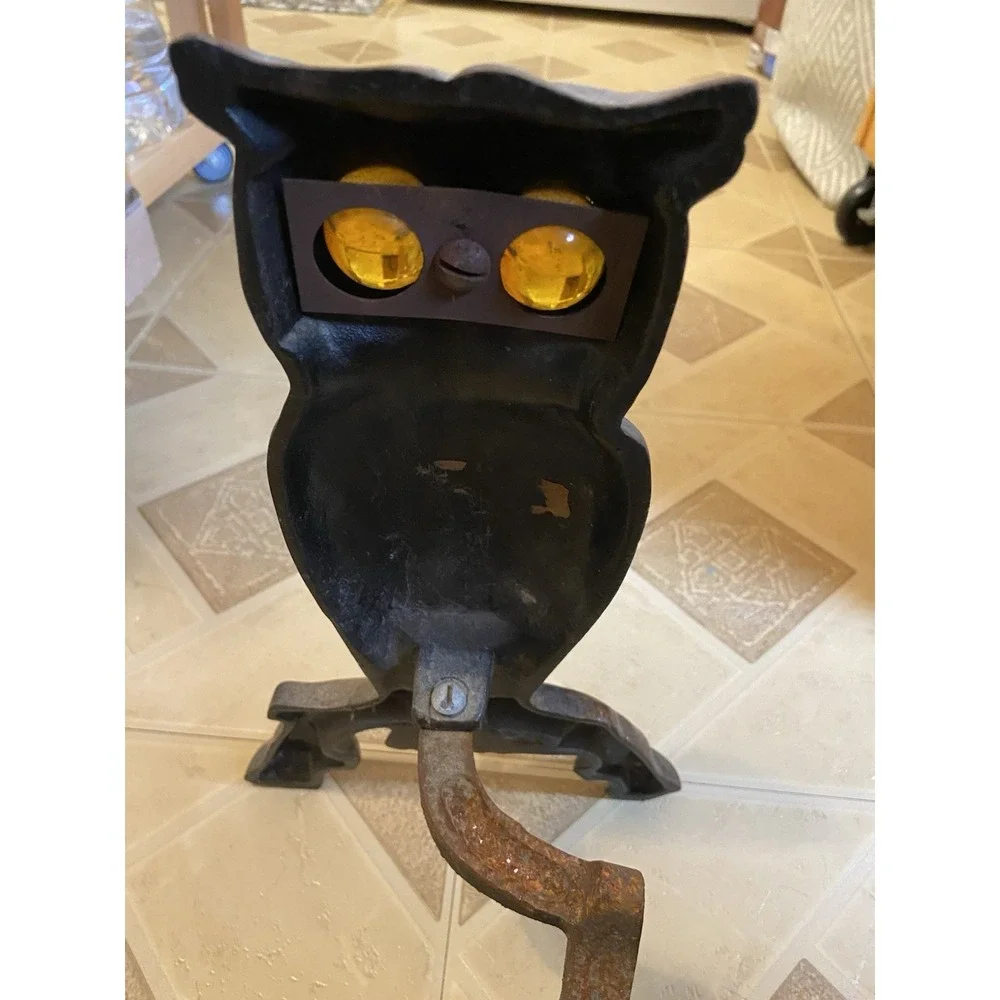Antique Vintage Brass Owl Andirons Fireplace Amber Glass Eyes‎ 13